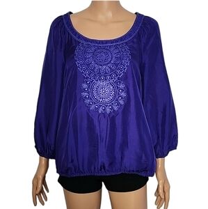 TRINA TURK Silk‎ Purple Embroidered Blouse 3/4 Sleeve Peasant Shirt Top Size M